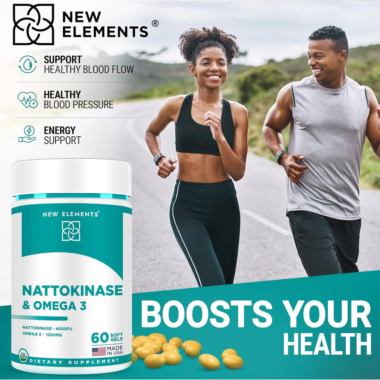 New Elements Nattokinase with Omega 3 60 Capsulas Blandas