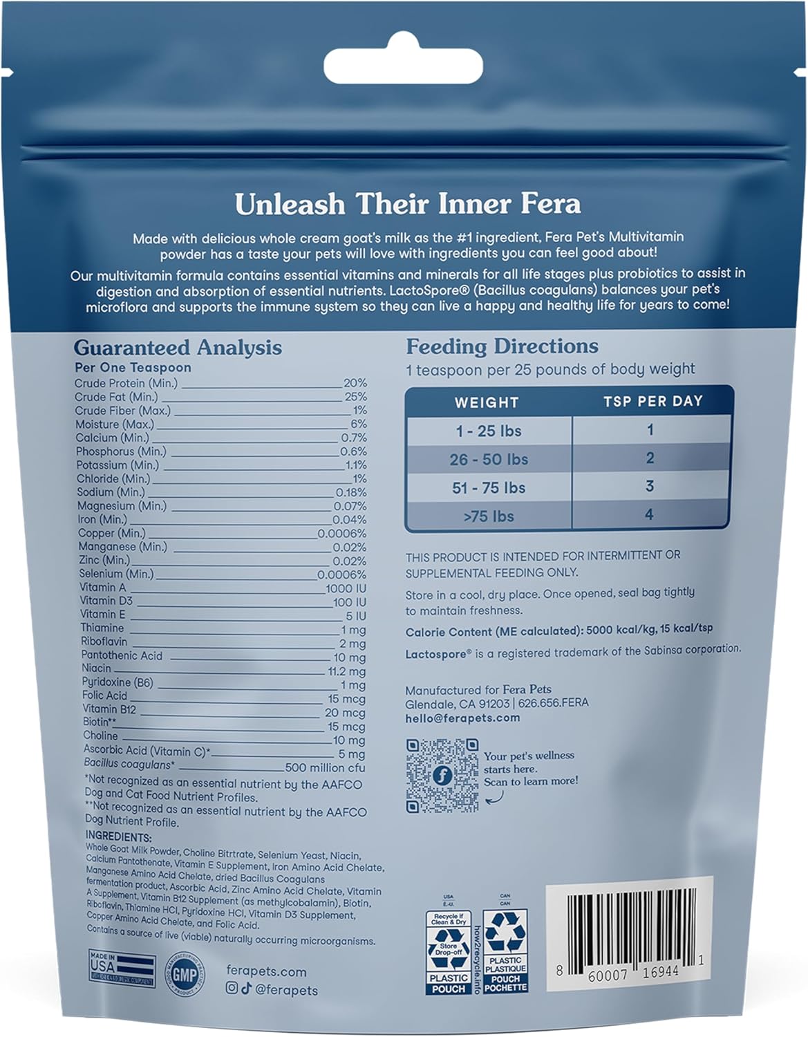 Fera Pet Organics Multivitamin Goat Milk Cat & Dog 60 Servicios 180Gr.