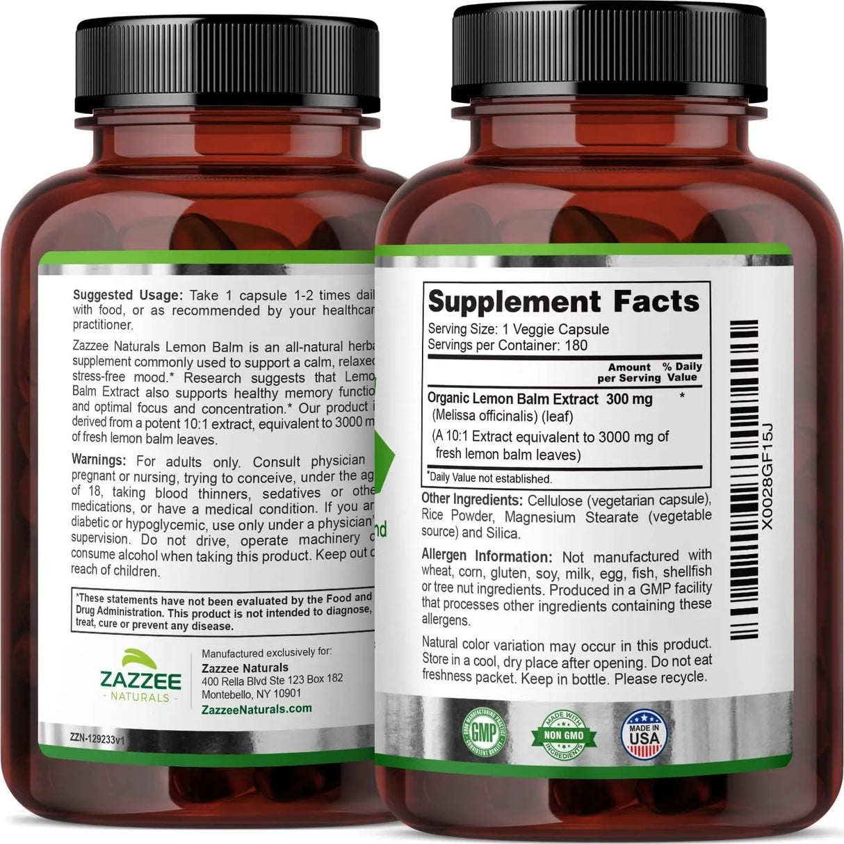 ZAZZEE NATURALS - Zazzee Organic Lemon Balm 10:1 Extract 3000Mg. 180 Capsulas - The Red Vitamin MX - Suplementos Alimenticios - {{ shop.shopifyCountryName }}