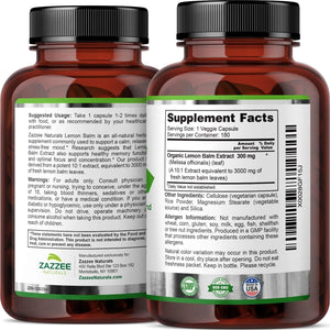 ZAZZEE NATURALS - Zazzee Organic Lemon Balm 10:1 Extract 3000Mg. 180 Capsulas - The Red Vitamin MX - Suplementos Alimenticios - {{ shop.shopifyCountryName }}