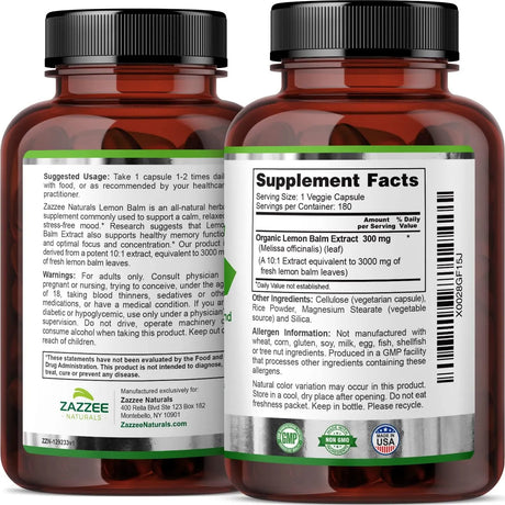ZAZZEE NATURALS - Zazzee Organic Lemon Balm 10:1 Extract 3000Mg. 180 Capsulas - The Red Vitamin MX - Suplementos Alimenticios - {{ shop.shopifyCountryName }}