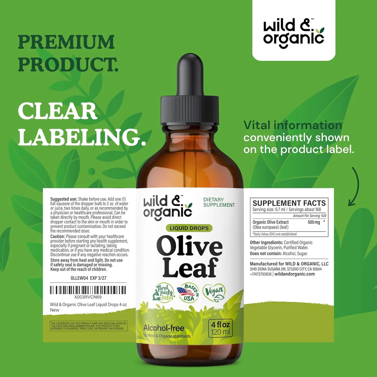 WILD & ORGANIC - Wild & Organic Olive Leaf Extract Liquid Drops 4 Fl.Oz. - The Red Vitamin MX - Suplementos Alimenticios - {{ shop.shopifyCountryName }}