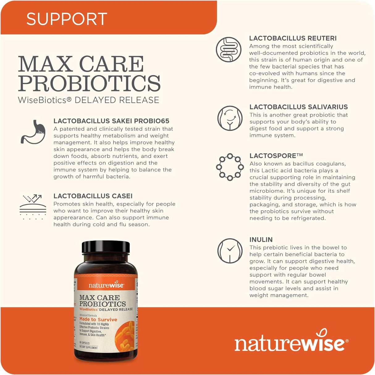 NatureWise Max Probiotics 30 Billion CFU 18 Strains With Prebiotics 60 Capsulas