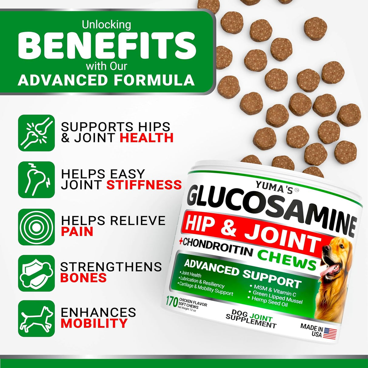 YUMA'S Glucosamine for Dogs Hip and Joint Supplement 170 Masticables