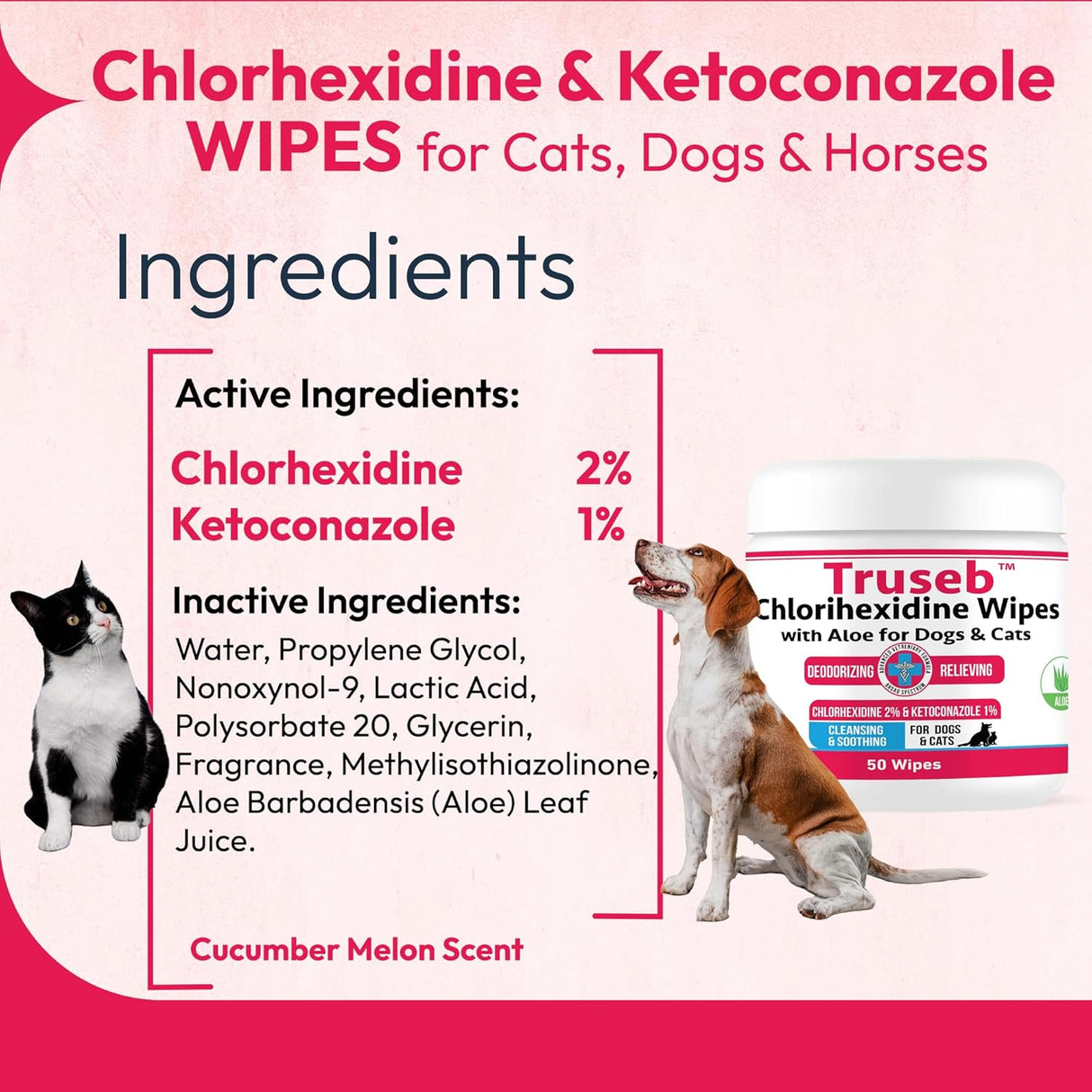 Truseb Topical Ketoconazole and Chlorhexidine Wipes for Dogs Cats and Horses 50 Toallitas