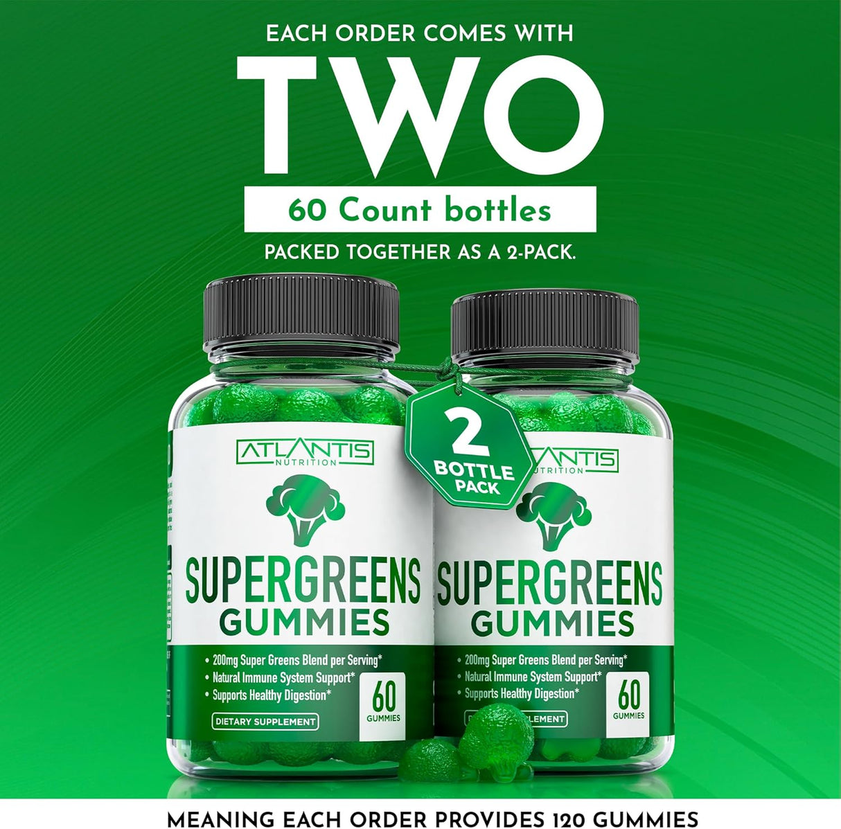 Atlantis Nutrition Supergreens Gummies Natural Raspberry Flavor 60 Gomitas 2 Pack