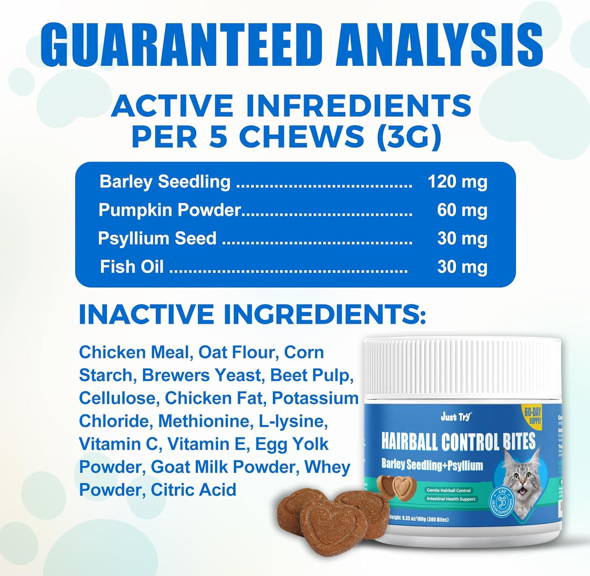 Just Try Cat Grass Hairball Relief & Digestive Support Cat Treats 300 Masticables