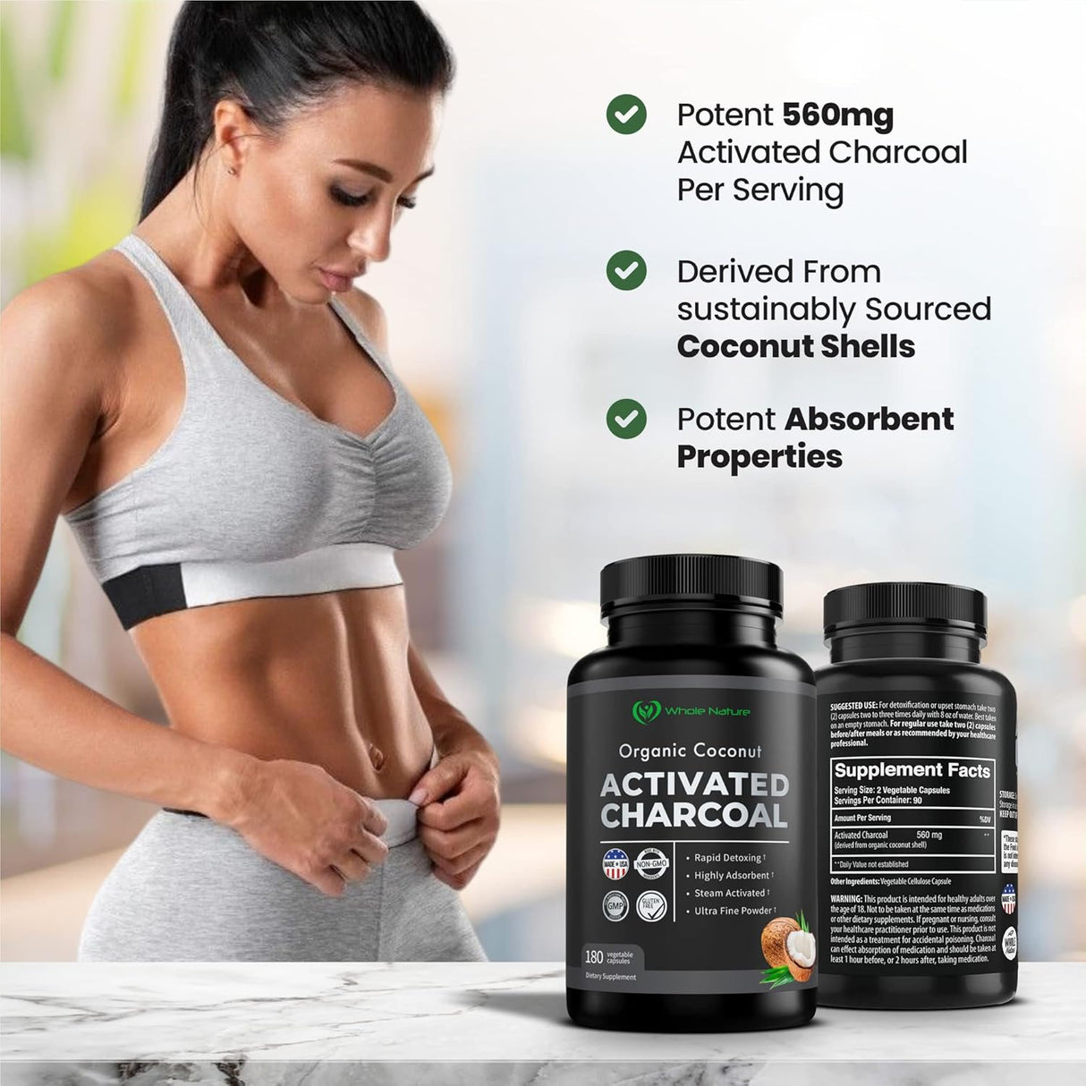 Whole Nature Pure Coconut Activated Charcoal 180 Capsulas 2 Pack