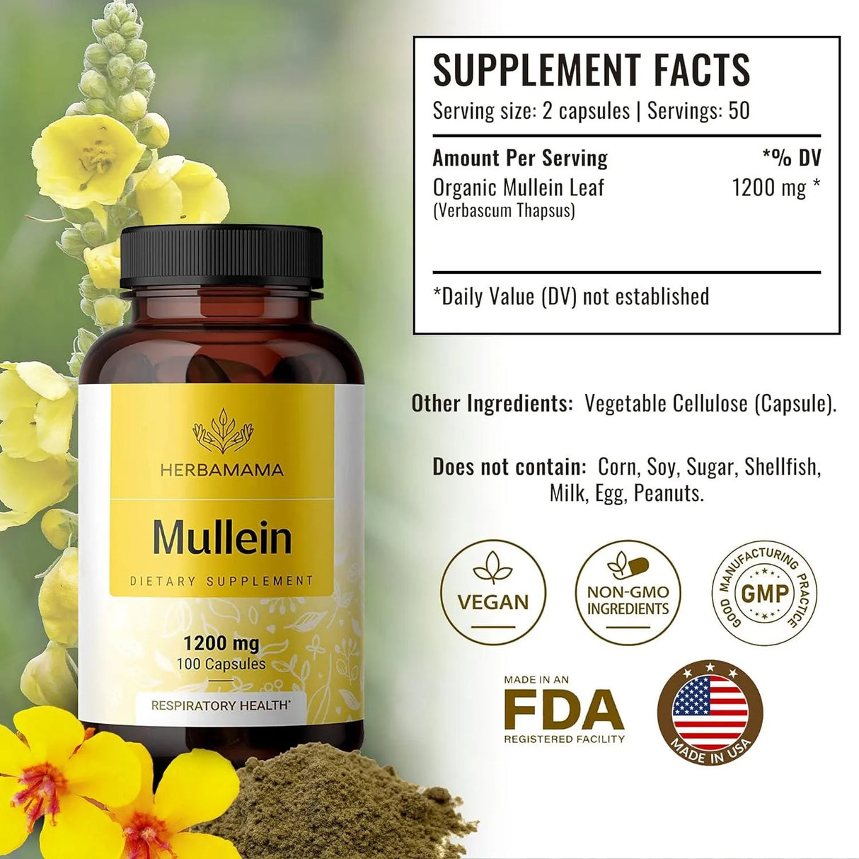 HERBAMAMA - HERBAMAMA Mullein Leaf Respiratory Health 100 Capsulas - The Red Vitamin MX - Suplementos Alimenticios - {{ shop.shopifyCountryName }}