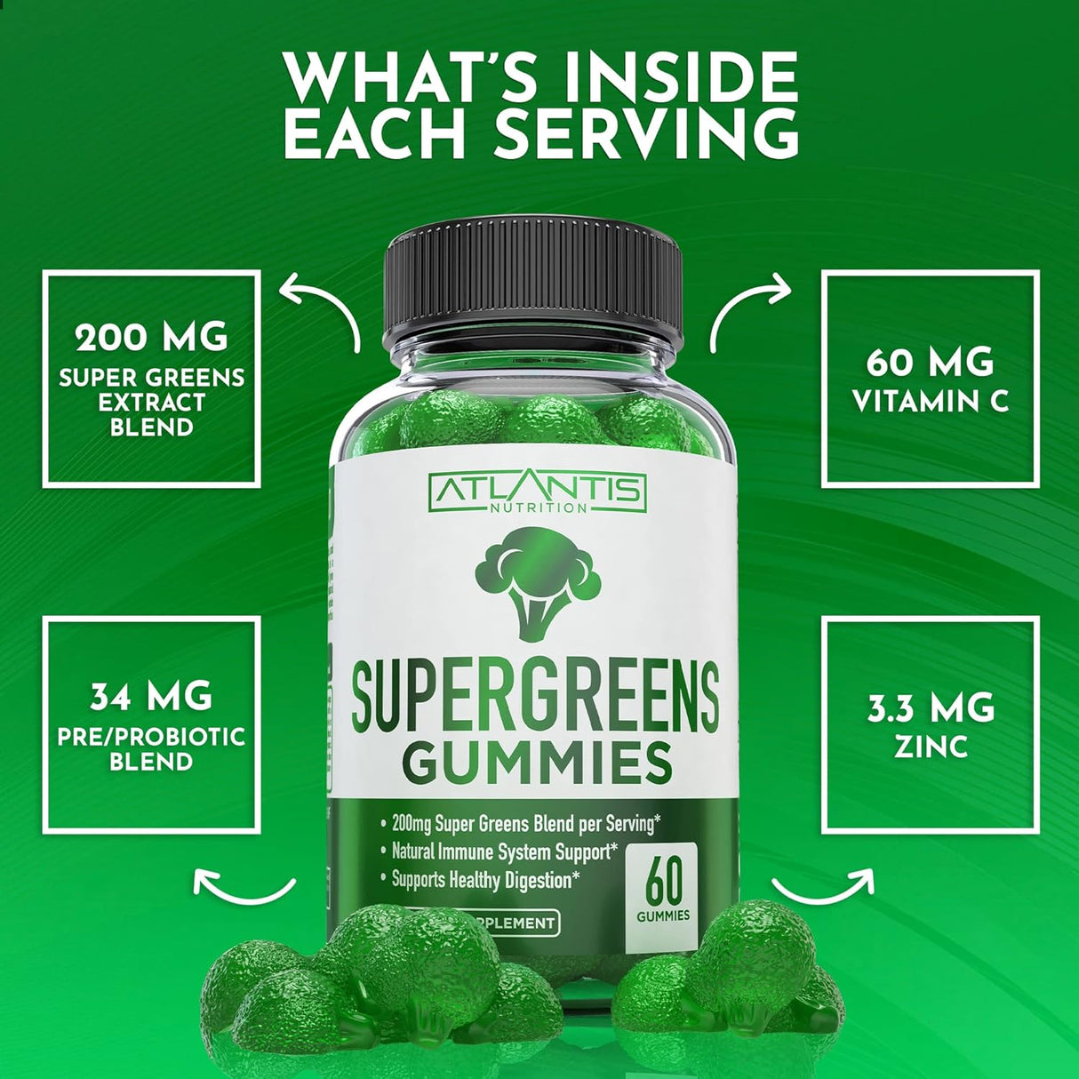 Atlantis Nutrition Supergreens Gummies Natural Raspberry Flavor 60 Gomitas 2 Pack