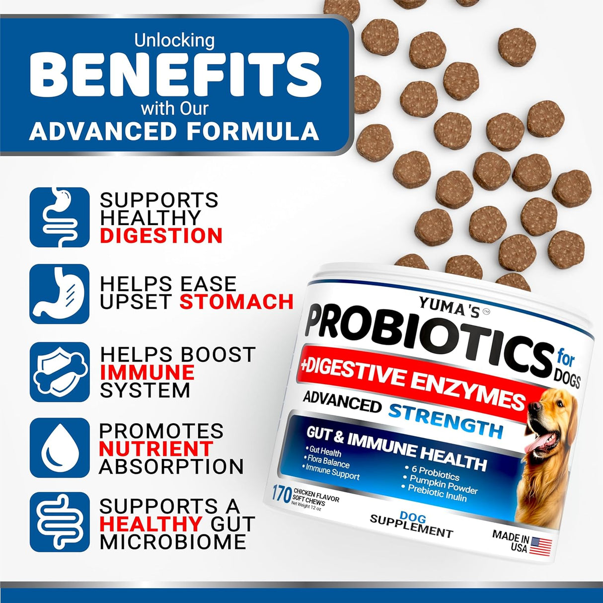 YUMA'S Probiotics for Dogs and Digestive Enzymes 170 Masticables