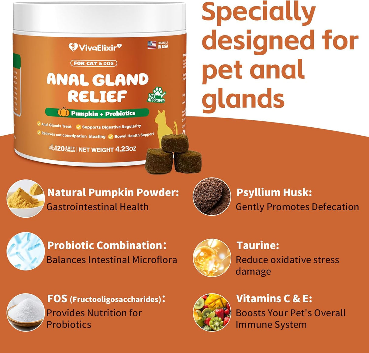 VivaElixir Constipated Cat - Pumpkin + Probiotic Soft Chews 120 Masticables