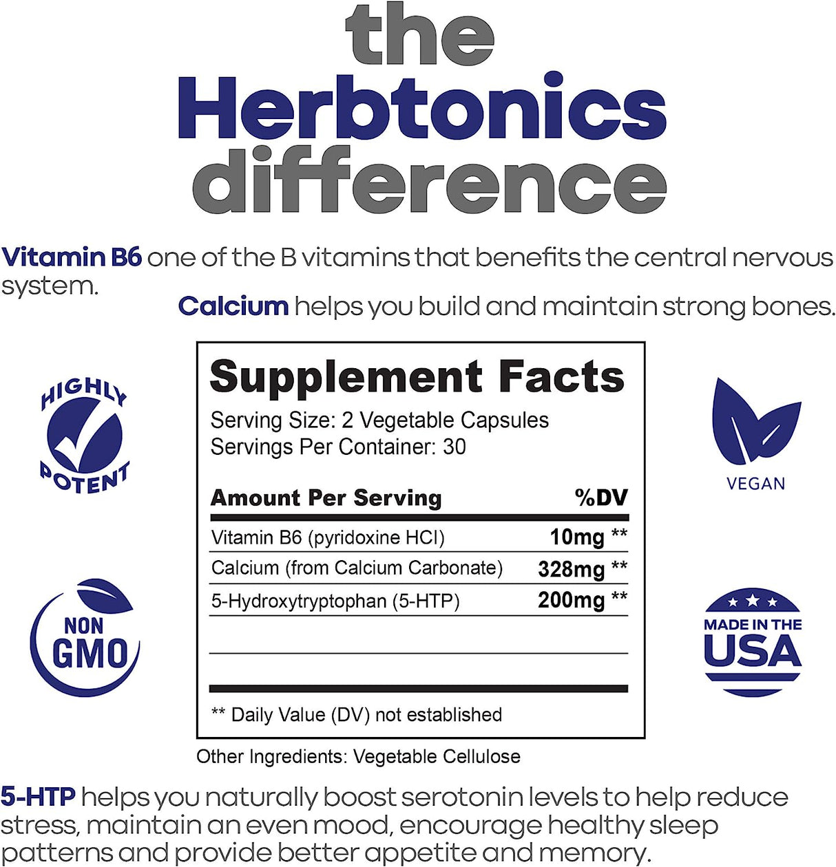 Herbtonics 5 HTP 200Mg. Supplement with Calcium + B6 Cofactor 60 Capsulas - The Red Vitamin MX - Suplementos Alimenticios - HERBTONICS