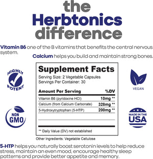 Herbtonics 5 HTP 200Mg. Supplement with Calcium + B6 Cofactor 60 Capsulas - The Red Vitamin MX - Suplementos Alimenticios - HERBTONICS