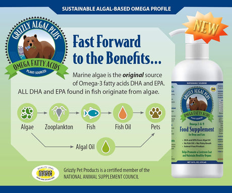 GRIZZLY PET - Grizzly Pet Products Algal Plus Omega 3-6-9 for Dogs and Cats 16 Fl.Oz. - The Red Vitamin MX - Aceite De Pescado Para Perros - {{ shop.shopifyCountryName }}