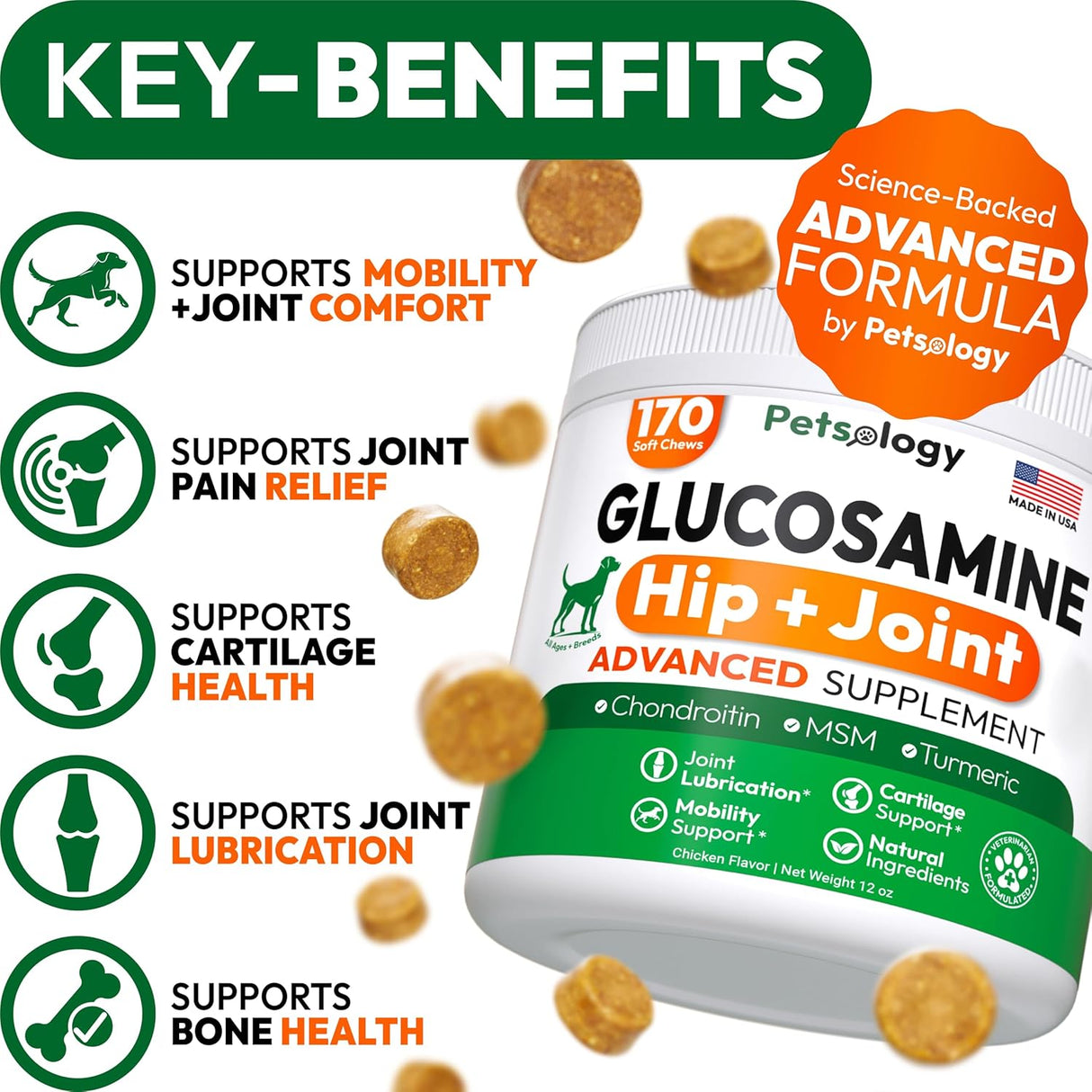 Petsology Glucosamine for Dogs Hip and Joint Supplement 170 Masticables