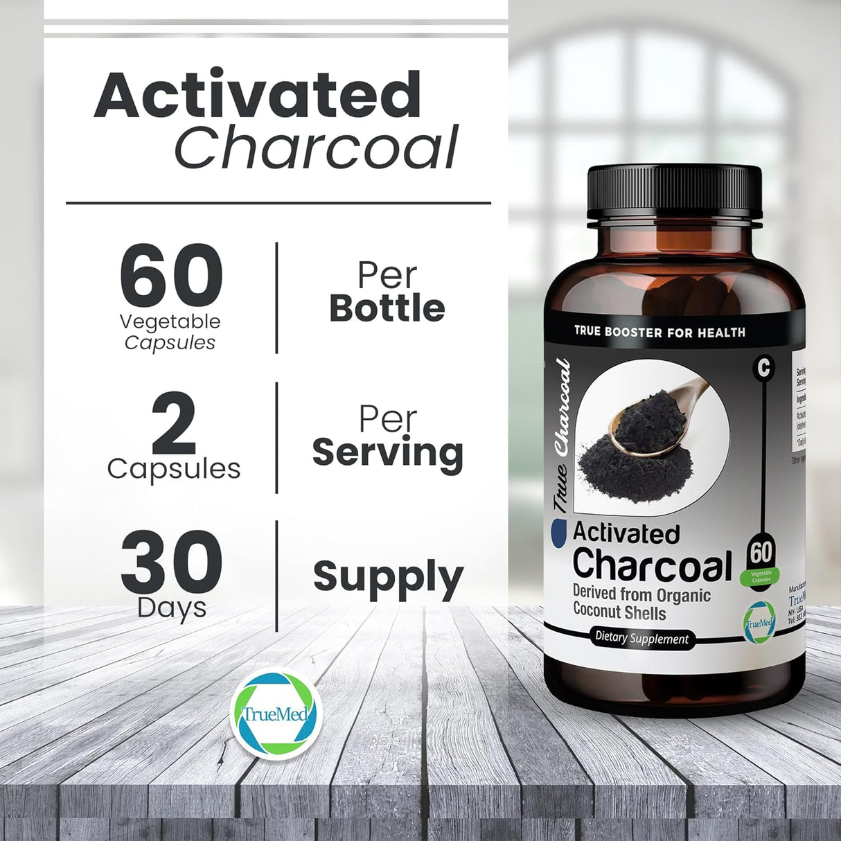 TRUEMED Activated Charcoal Organic Coconut Shell Derived 1200Mg. 60 Capsulas