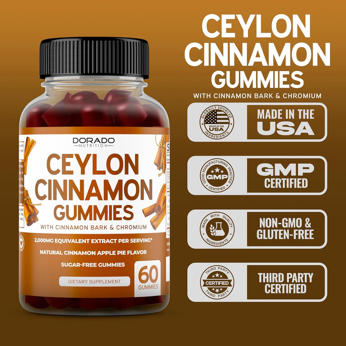 Dorado Nutrition Sugar-Free Ceylon Cinnamon Gummies 2000Mg. 60 Gomitas