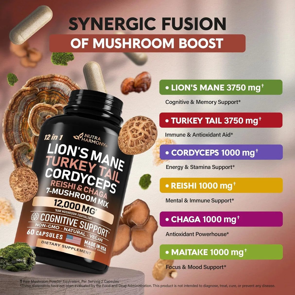 NUTRA HARMONY - Nutra Harmony Mushroom Supplement 60 Capsulas - The Red Vitamin MX - Suplementos Alimenticios - {{ shop.shopifyCountryName }}