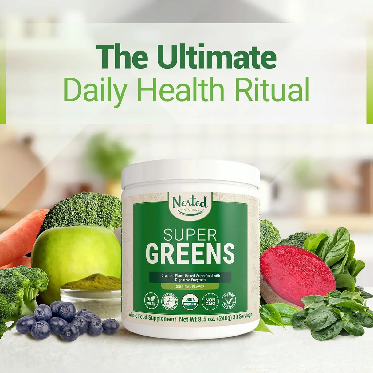 NESTED NATURALS - Nested Naturals Super Greens Daily Greens Superfood Powder 30 Servicios Original 240Gr. - The Red Vitamin MX - Suplementos Alimenticios - {{ shop.shopifyCountryName }}