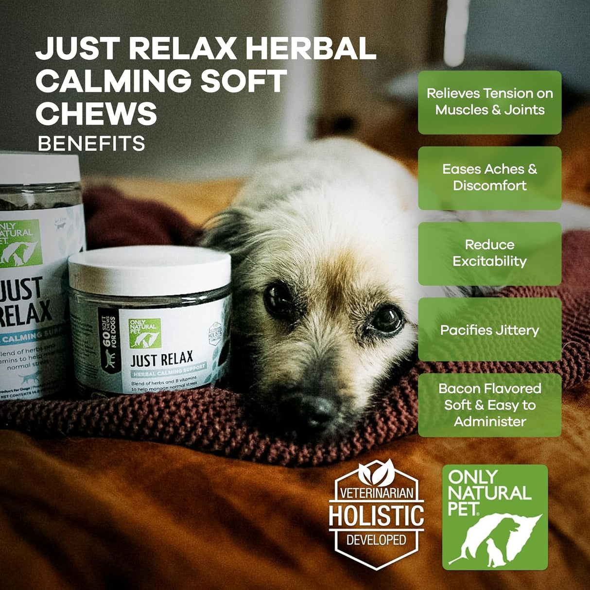 Only Natural Pet Just Relax Herbal Calming Soft Chews for Dogs 60 Masticables