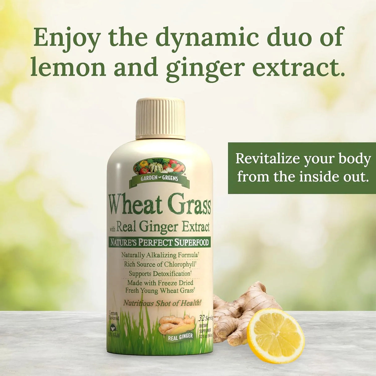 GARDEN GREENS - Garden Greens Wheat Grass Liquid with Real Ginger Extract 32 Servicios 946Ml. - The Red Vitamin MX - Suplementos Alimenticios - {{ shop.shopifyCountryName }}