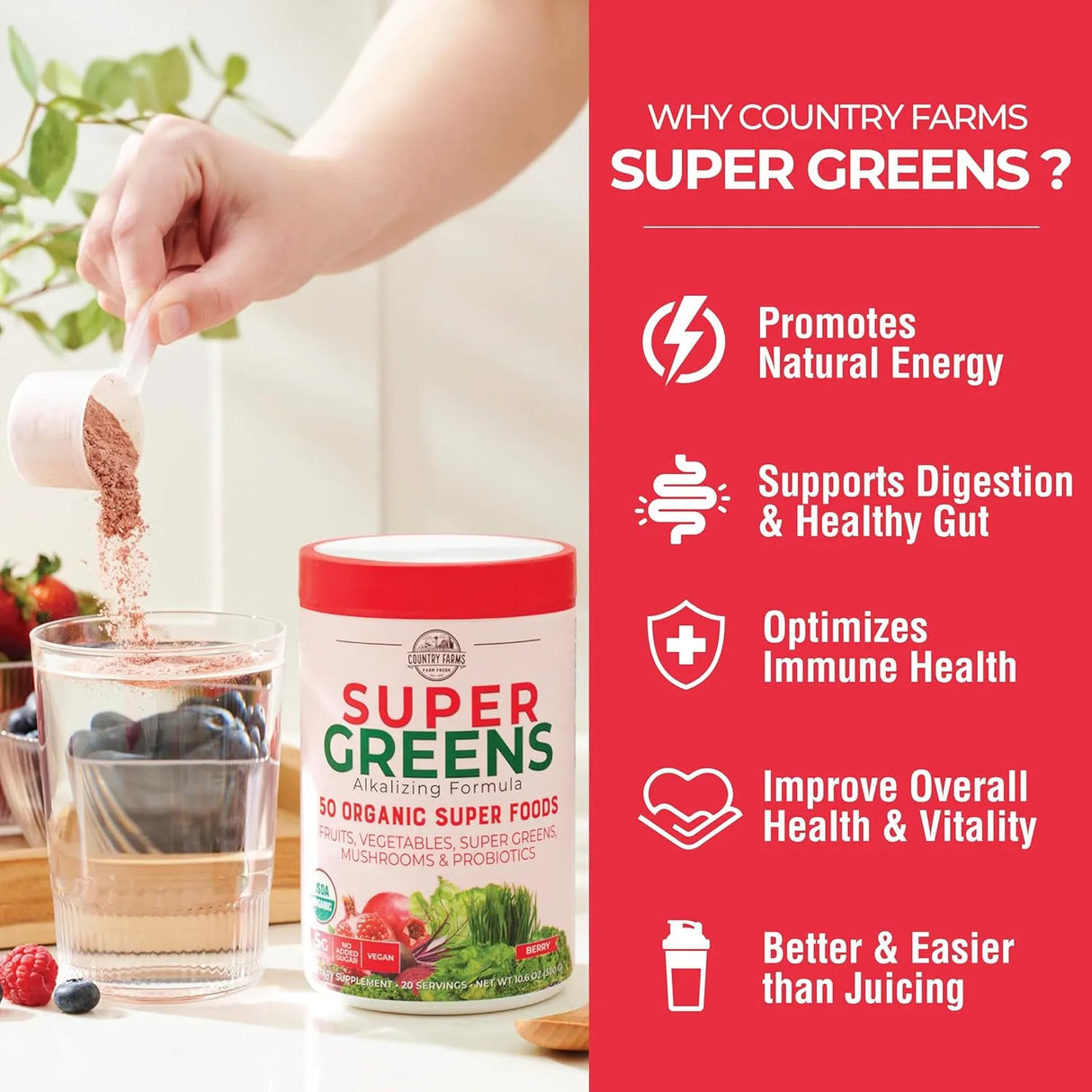 COUNTRY FARMS - Country Farms Organic Super Greens Berry Flavor 20 Servicios 300Gr. - The Red Vitamin MX - Suplementos Alimenticios - {{ shop.shopifyCountryName }}