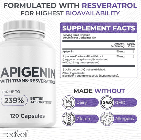 TEAVELI - Teaveli Advanced Apigenin Supplement with Resveratrol 120 Capsulas - The Red Vitamin MX - Suplementos Alimenticios - {{ shop.shopifyCountryName }}