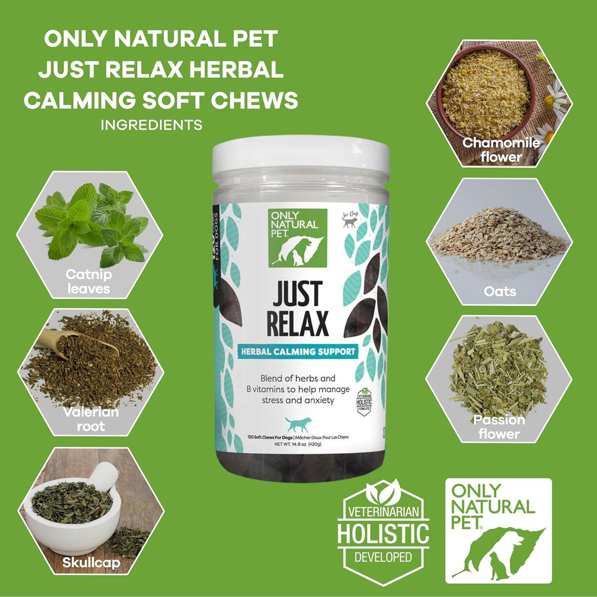 Only Natural Pet Just Relax Herbal Calming Soft Chews for Dogs 120 Masticables