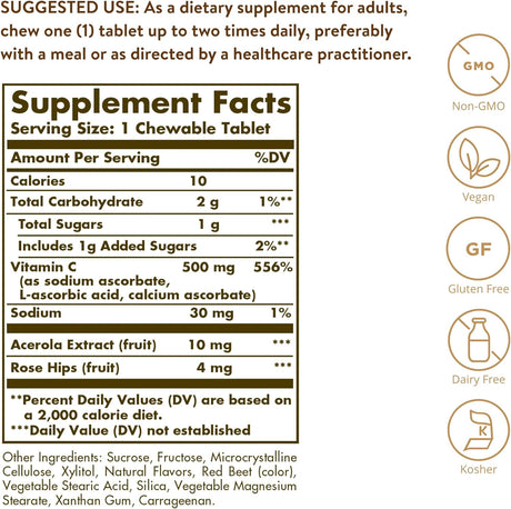 Solgar Vitamin C 500Mg. Chewable Cran Raspberry Flavor 90 Tabletas Masticables