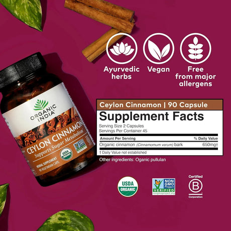 ORGANIC INDIA - ORGANIC INDIA Cinnamon Blood Sugar Metabolism 90 Capsulas - The Red Vitamin MX - Suplementos Alimenticios - {{ shop.shopifyCountryName }}