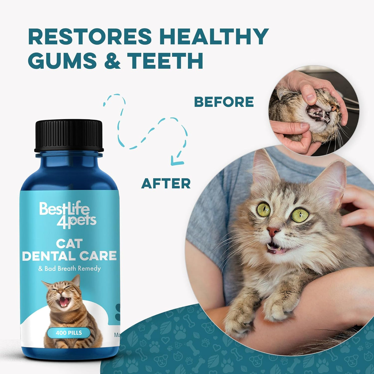 BestLife4Pets Cat Dental Supplement for Bad Breath Tartar & Gum Support 400 Tabletas 2 Pack