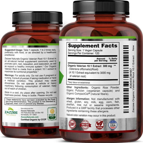 ZAZZEE NATURALS - Zazzee USDA Organic Valerian Root 10:1 Extract 120 Capsulas - The Red Vitamin MX - Suplementos Alimenticios - {{ shop.shopifyCountryName }}