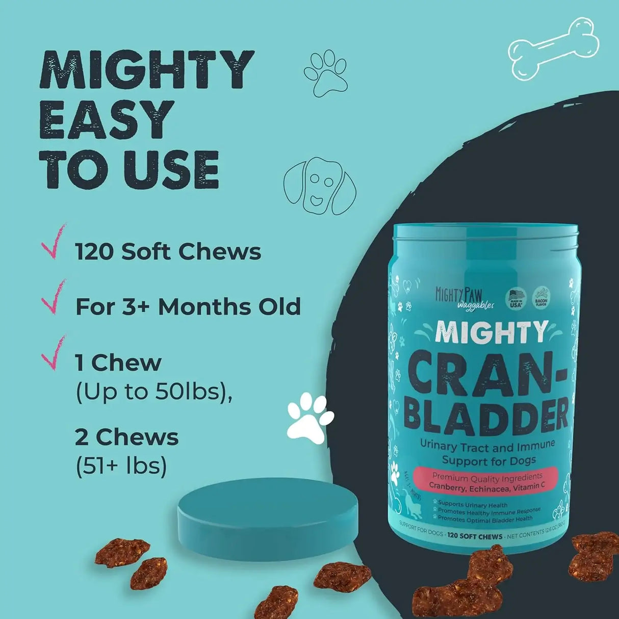 MIGHTY PAW - Mighty Paw Waggables Cran-Bladder 120 Masticables - The Red Vitamin MX - Salud De Tracto Urinario Para Perros - {{ shop.shopifyCountryName }}