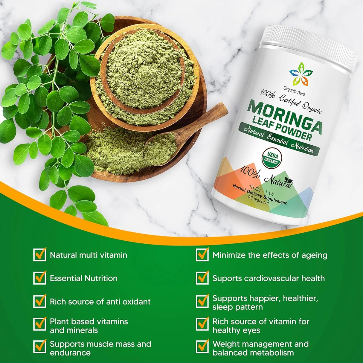 ORGANIC AURA - Organic Aura Certified Organic Moringa Leaf Powder 227Gr. - The Red Vitamin MX - Suplementos Alimenticios - {{ shop.shopifyCountryName }}