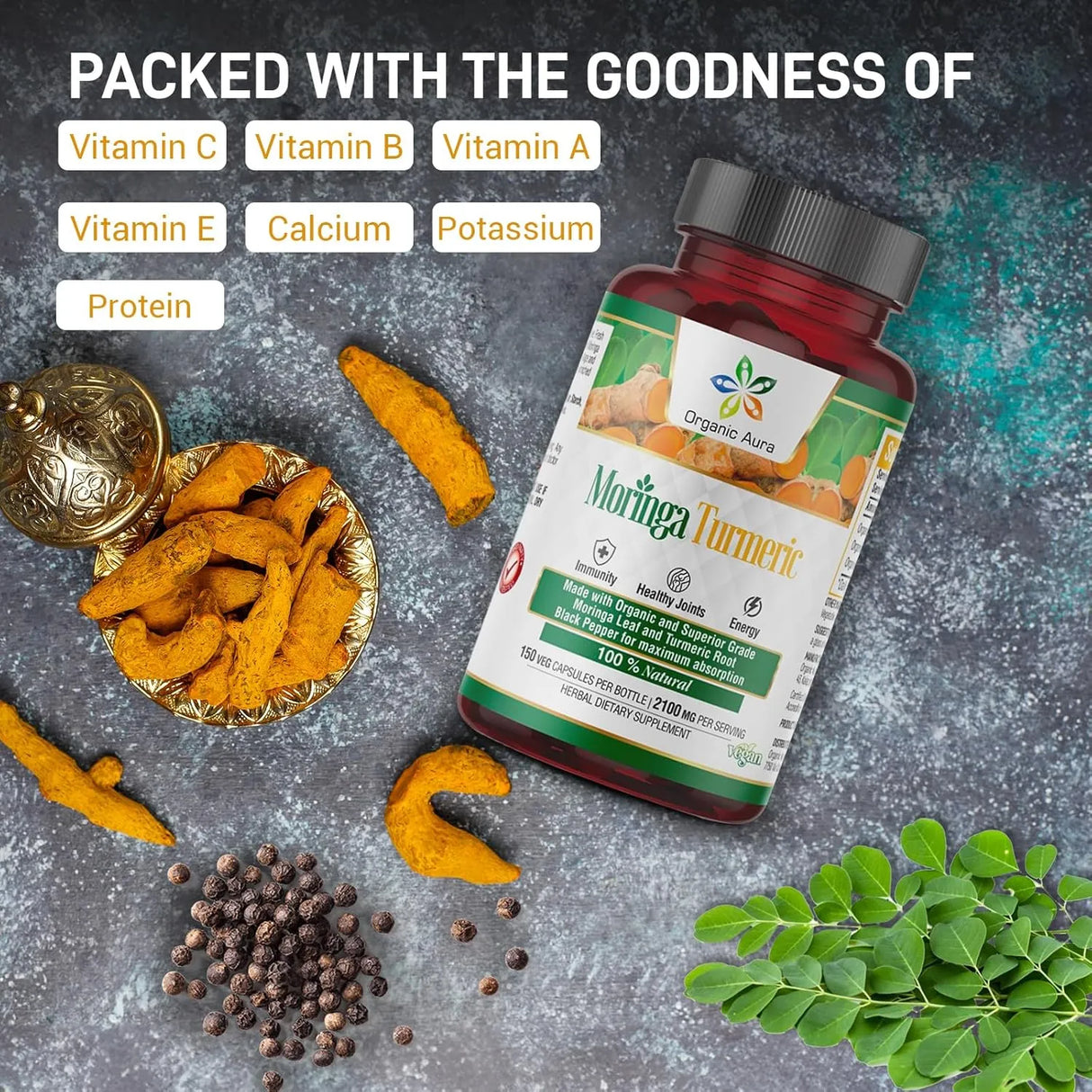 ORGANIC AURA - Organic Aura Moringa Turmeric Curcumin 150 Capsulas - The Red Vitamin MX - Suplementos Alimenticios - {{ shop.shopifyCountryName }}