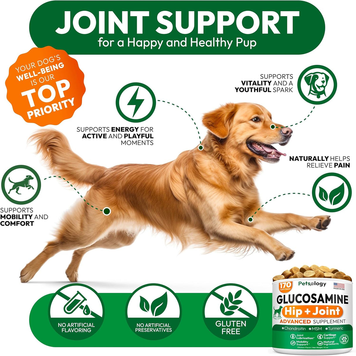 Petsology Glucosamine for Dogs Hip and Joint Supplement 170 Masticables