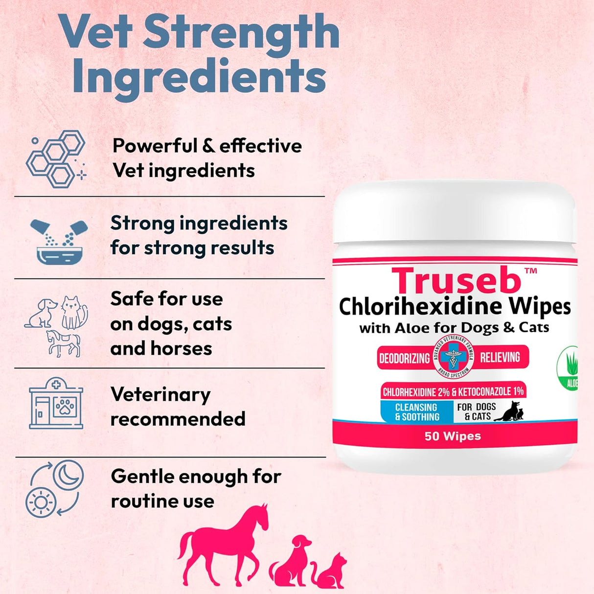 Truseb Topical Ketoconazole and Chlorhexidine Wipes for Dogs Cats and Horses 50 Toallitas