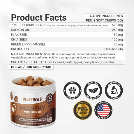 WUFFWELL - WuffWell 12:1 Mushroom Supplement for Dogs 140 Masticables - The Red Vitamin MX - Suplementos Herbales Para Perros - {{ shop.shopifyCountryName }}