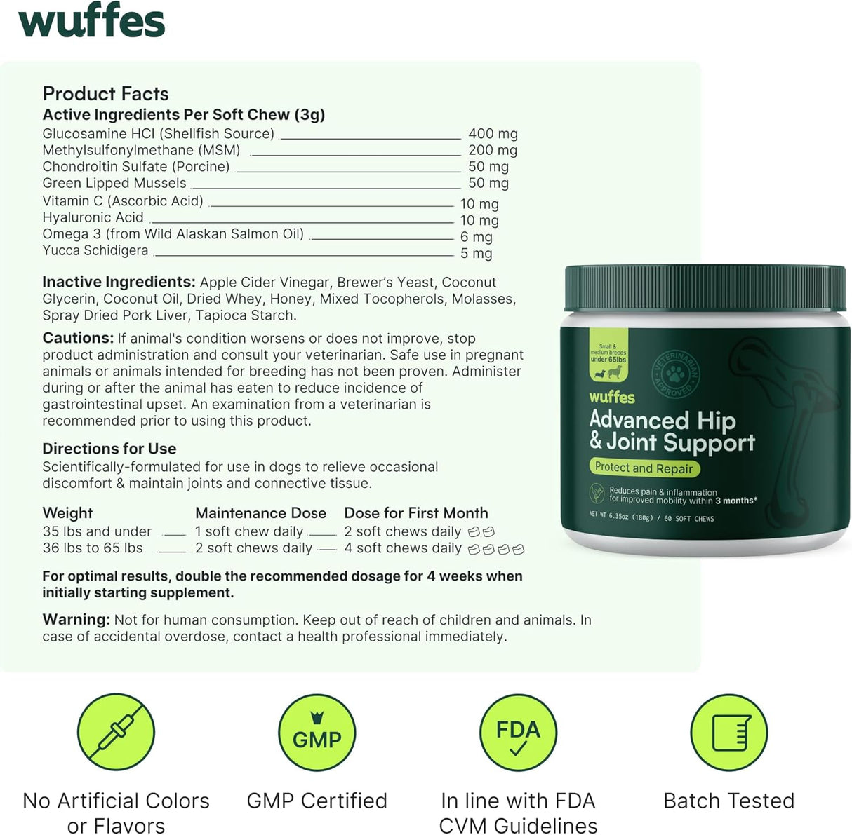Wuffes Advanced Dog Hip and Joint Small&Medium Breeds Pork Flavored 60 Masticables