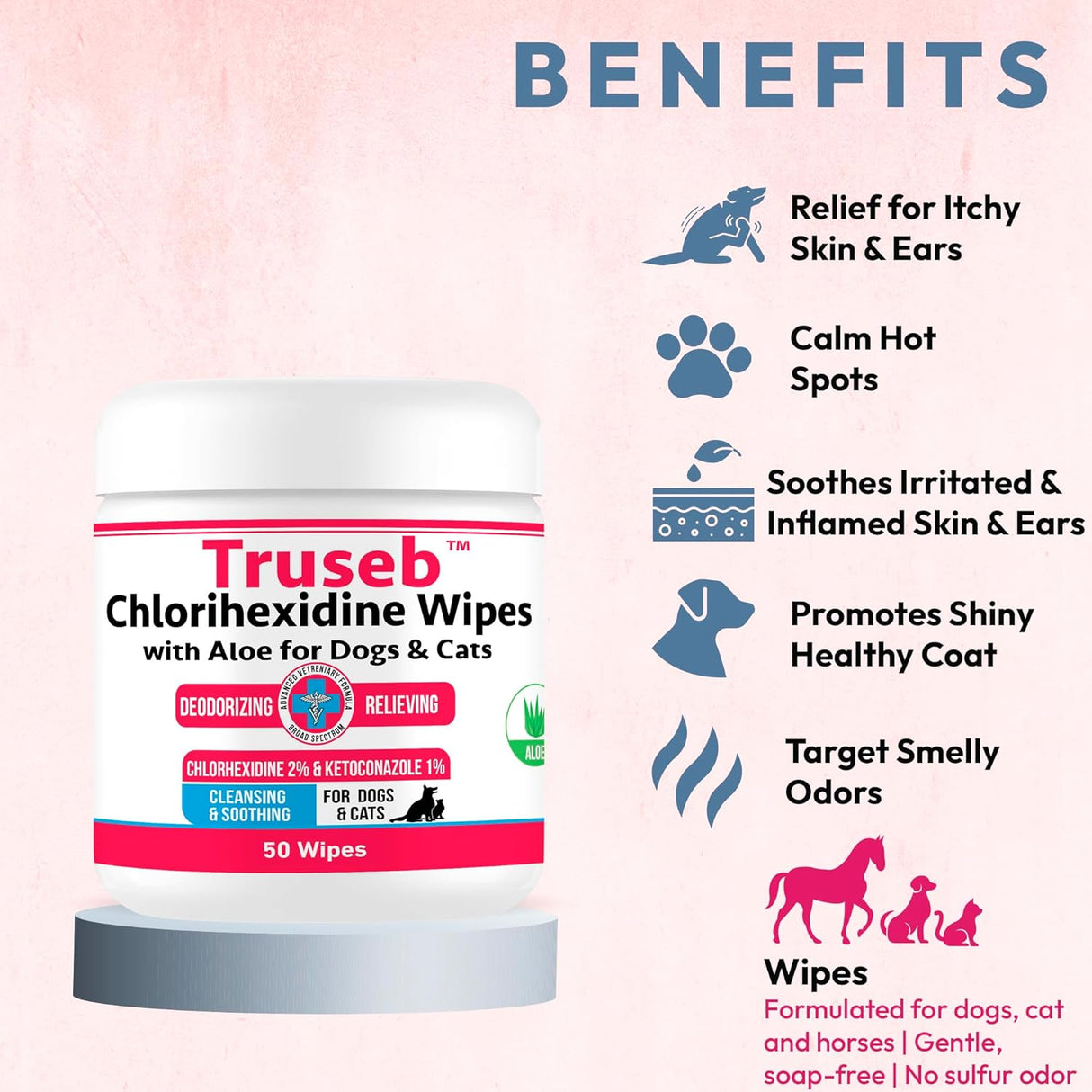 Truseb Topical Ketoconazole and Chlorhexidine Wipes for Dogs Cats and Horses 50 Toallitas