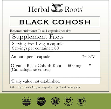Herbal Roots Organic Black Cohosh Root 600Mg. 60 Capsulas