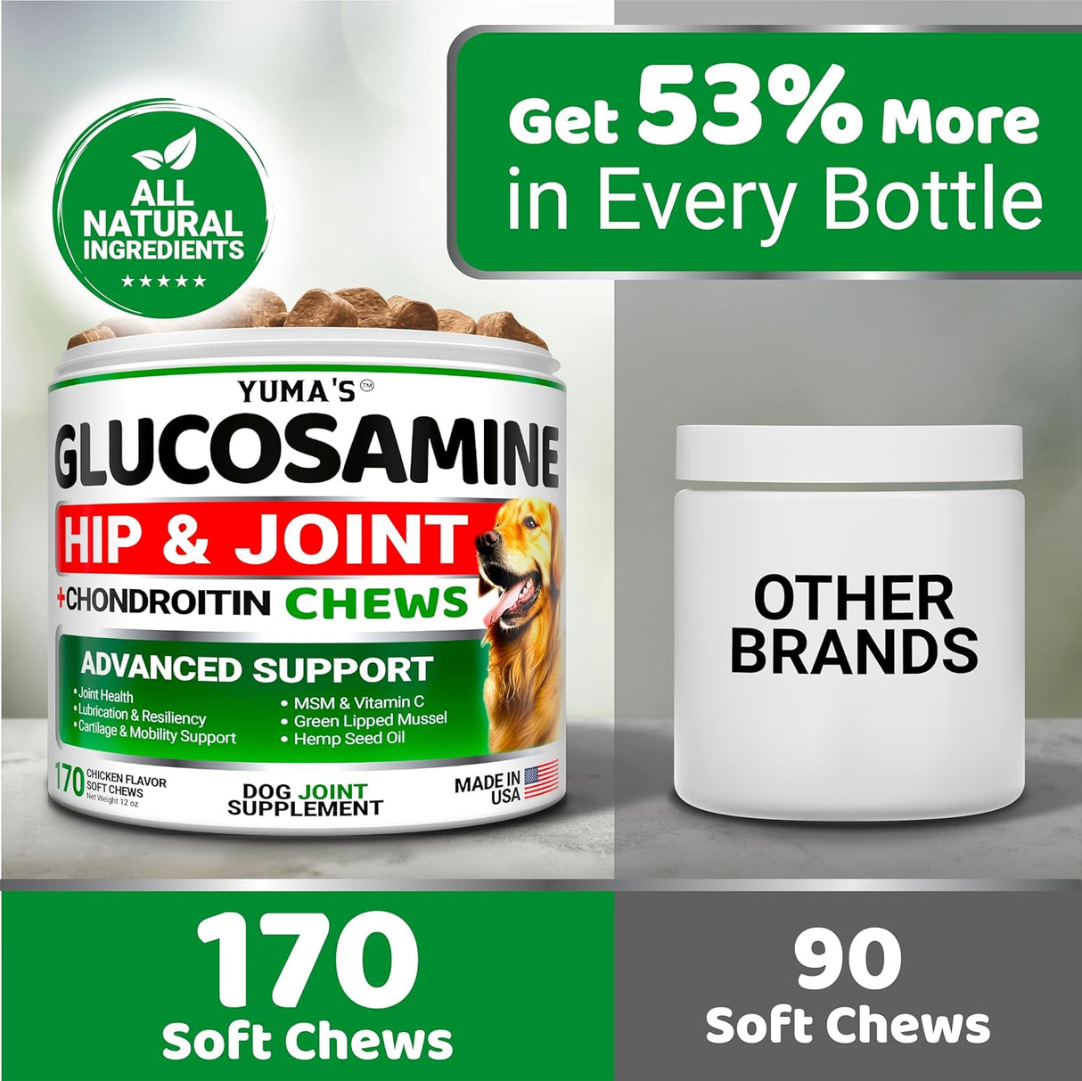YUMA'S Glucosamine for Dogs Hip and Joint Supplement 170 Masticables