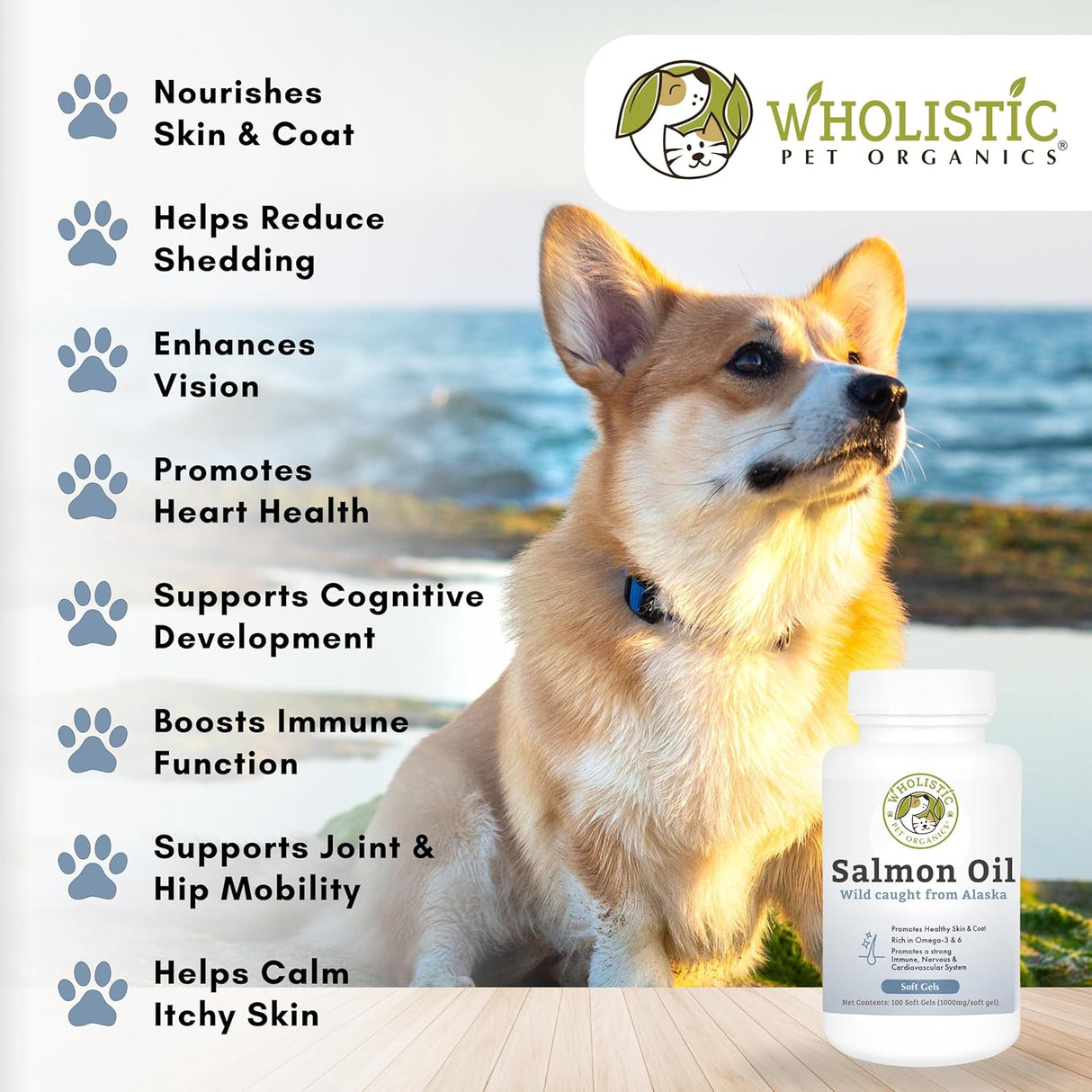 Wholistic Pet Organics Wild Alaskan Salmon Oil for Dogs 100 Capsulas Blandas