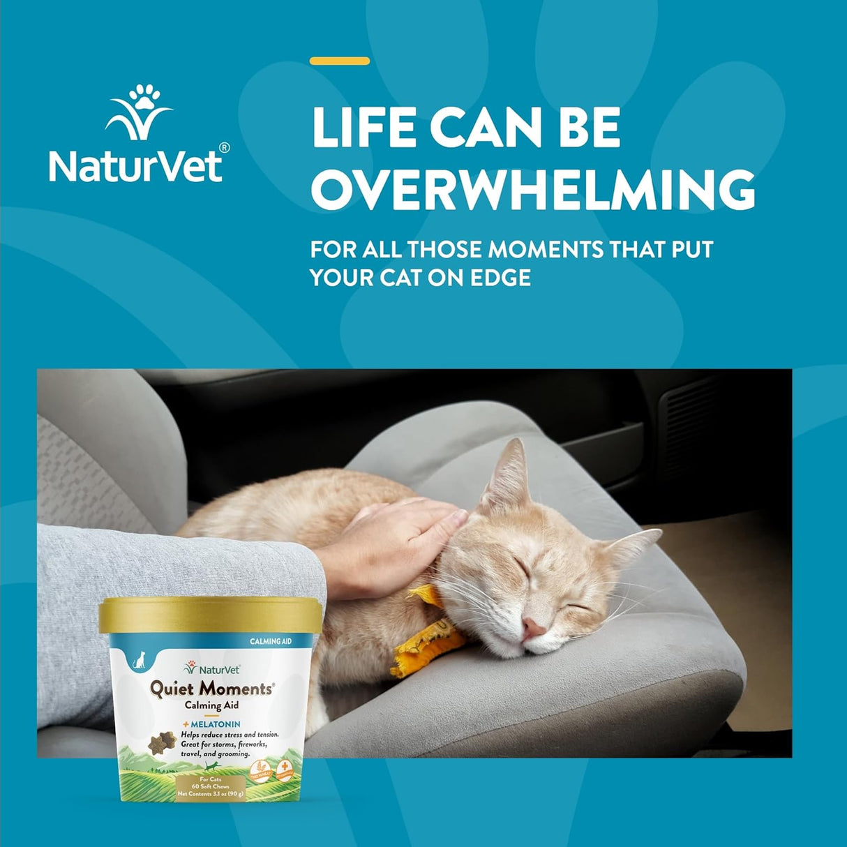 NaturVet Quiet Moments Calming Aid Cat Supplement Plus Melatonin 60 Masticables