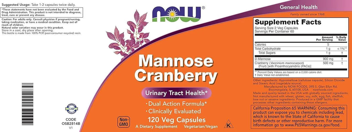 NOW SUPPLEMENTS - NOW Supplements Mannose Cranberry 120 Capsulas - The Red Vitamin MX - Suplementos Alimenticios - {{ shop.shopifyCountryName }}