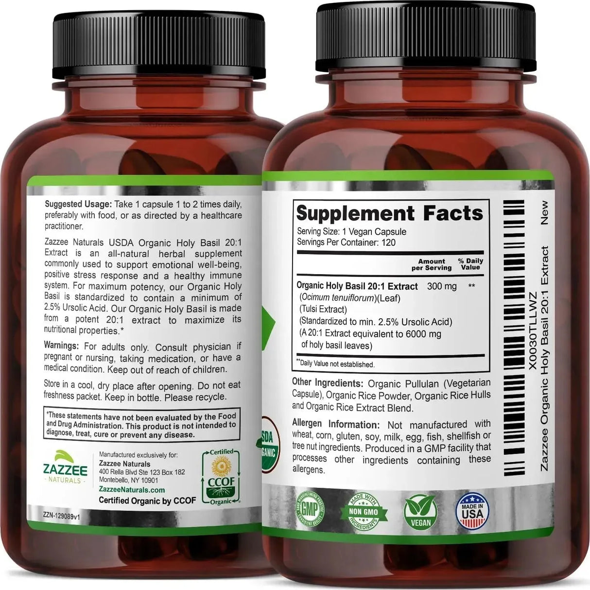 ZAZZEE NATURALS - Zazzee USDA Organic Holy Basil 20:1 Extract 6000Mg. 120 Capsulas - The Red Vitamin MX - Suplementos Alimenticios - {{ shop.shopifyCountryName }}