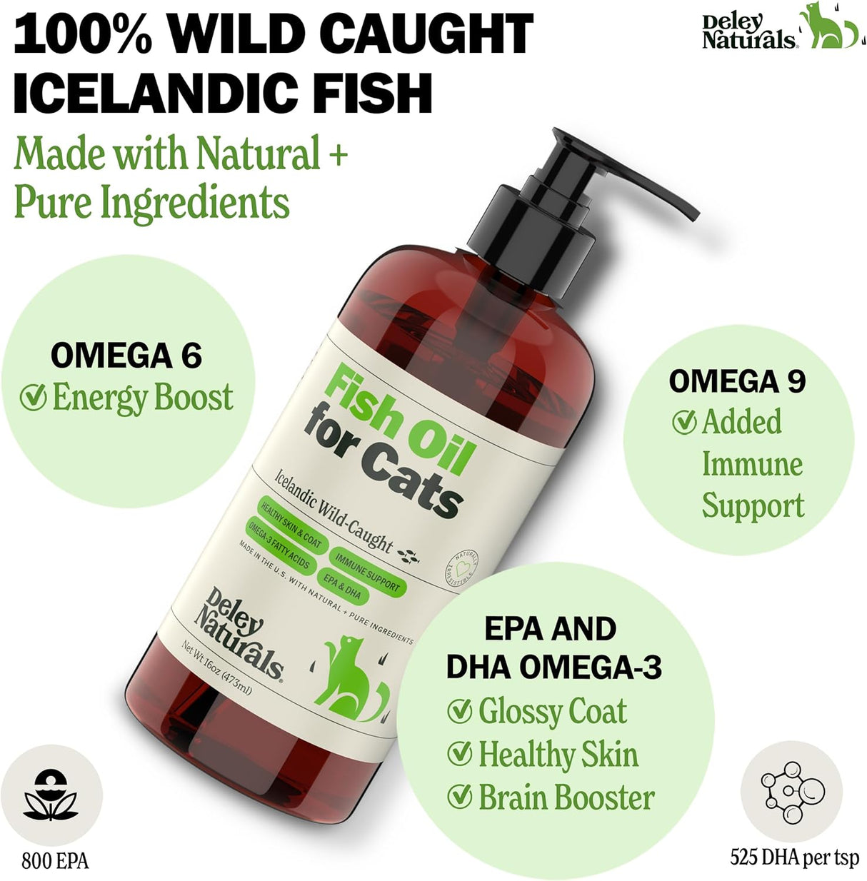 Deley Naturals Wild Caught Fish Oil for Cats with 2X Omega 473Ml.