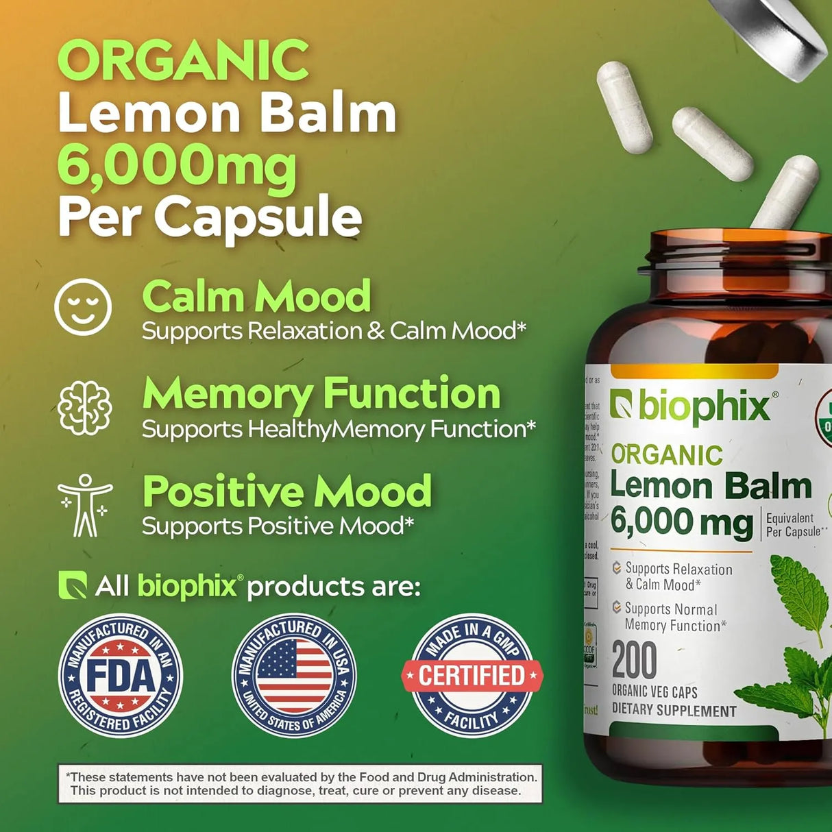 BIOPHIX - biophix Lemon Balm Capsules USDA Organic 20:1 Extract 300Mg. 200 Capsulas - The Red Vitamin MX - Suplementos Alimenticios - {{ shop.shopifyCountryName }}