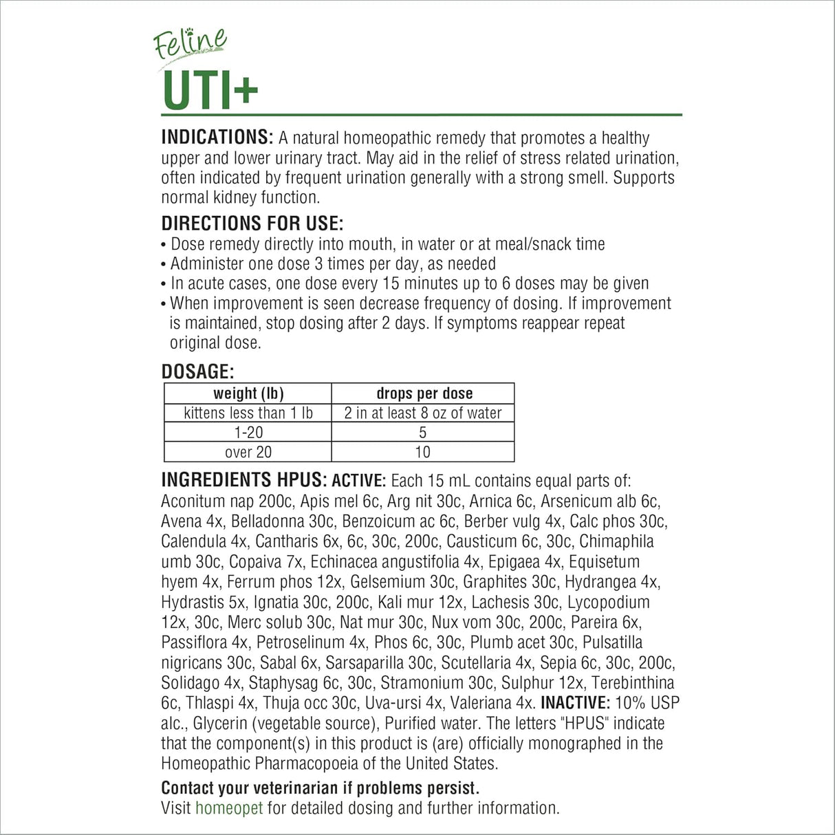 HomeoPet Feline UTI Plus Safe and Natural Urinary Tract Supplement for Cats 15Ml.